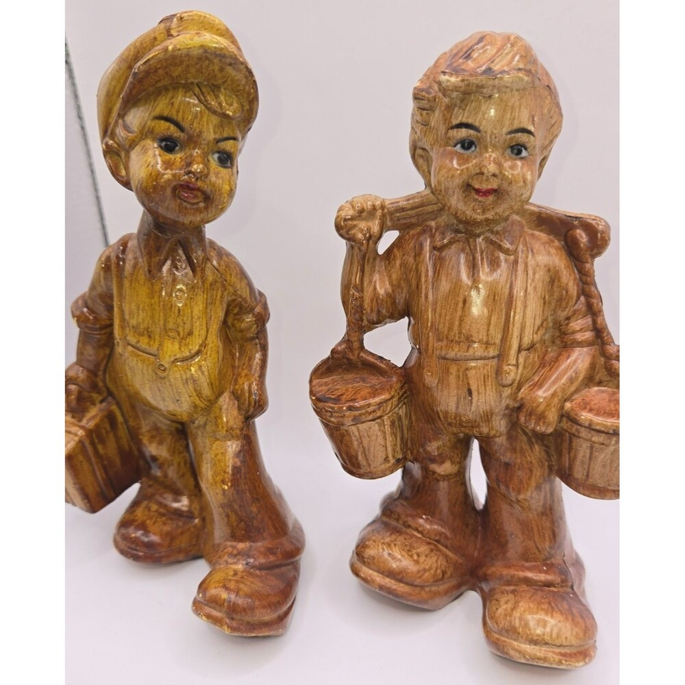 Vintage Faux Wood Plastic Figurines Set - Big Foot Boy w/ Suitcase & Water Bucke